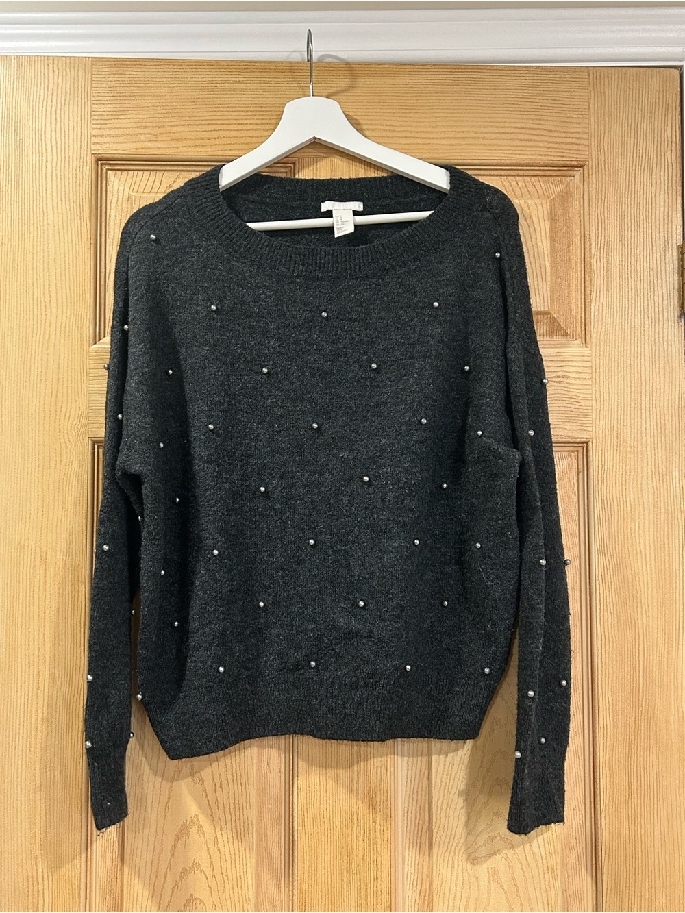 H&M Charcoal Crewneck Sweater with Pearl Studs